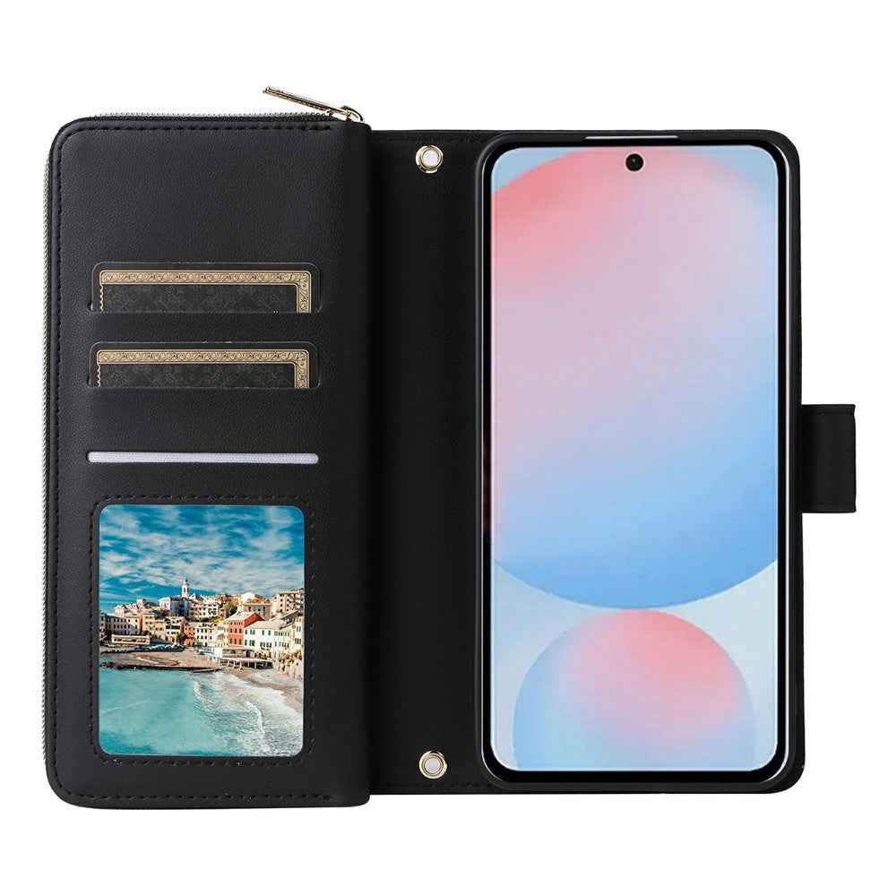 For Samsung Galaxy A57 5G Case 9 Card Slots Zipper Pocket PU Leather Phone Cover with Wrist Strap - Black
