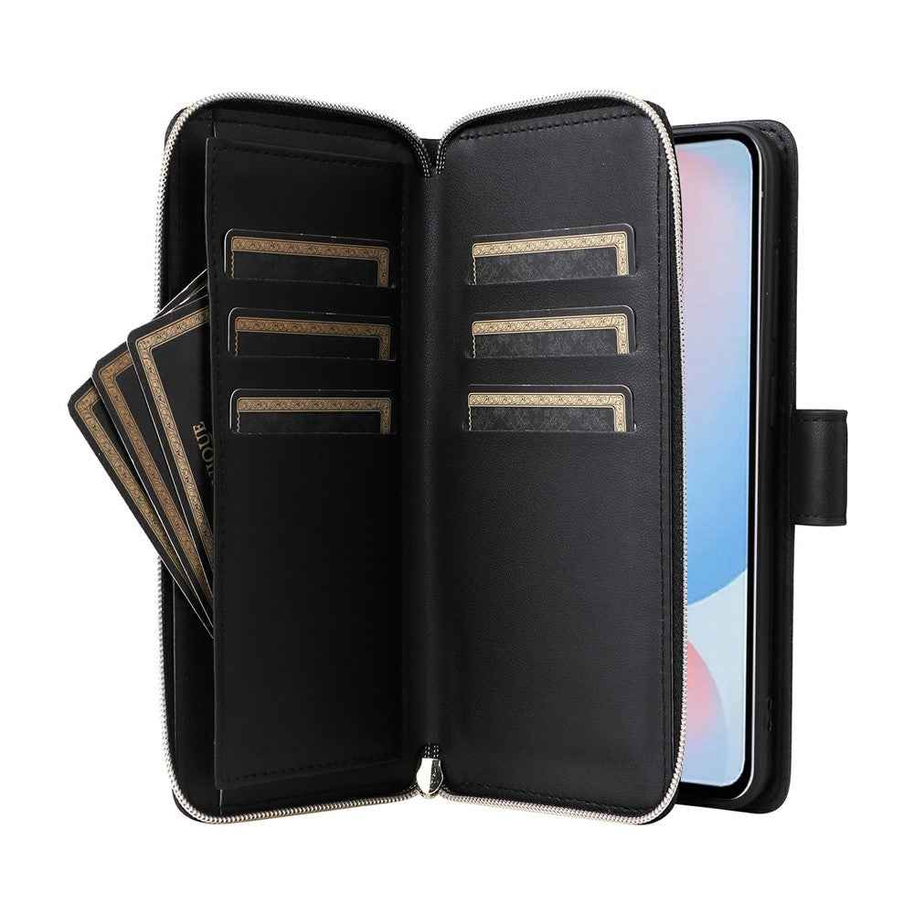 For Samsung Galaxy A57 5G Case 9 Card Slots Zipper Pocket PU Leather Phone Cover with Wrist Strap - Black
