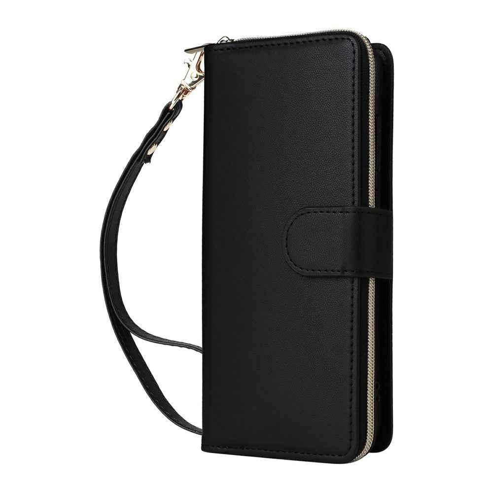 For Samsung Galaxy A57 5G Case 9 Card Slots Zipper Pocket PU Leather Phone Cover with Wrist Strap - Black
