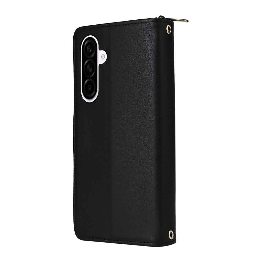 For Samsung Galaxy A57 5G Case 9 Card Slots Zipper Pocket PU Leather Phone Cover with Wrist Strap - Black