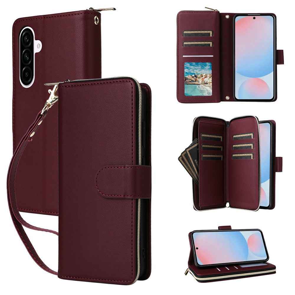 For Samsung Galaxy A57 5G Case 9 Card Slots Zipper Pocket PU Leather Phone Cover with Wrist Strap - Wine Red