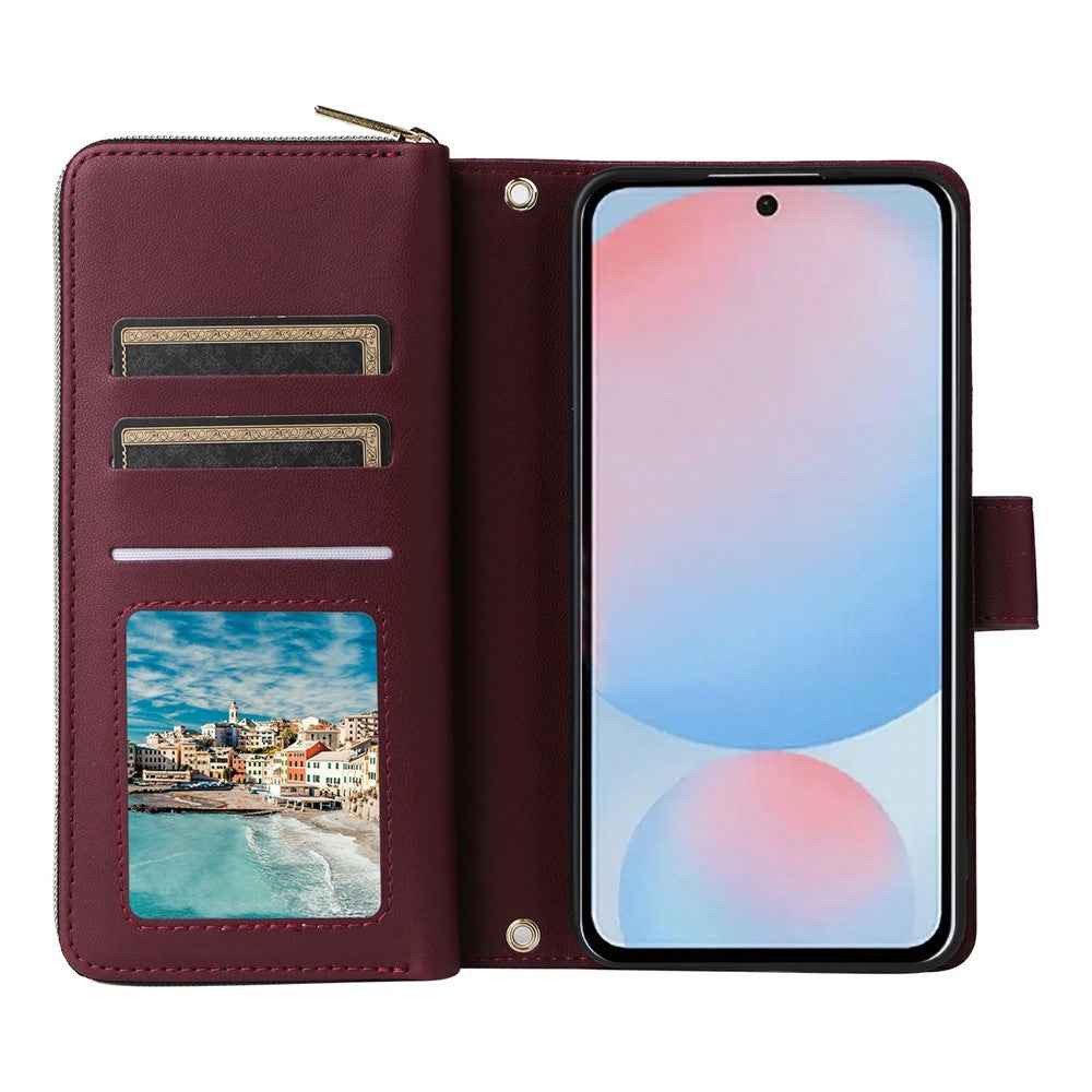 For Samsung Galaxy A57 5G Case 9 Card Slots Zipper Pocket PU Leather Phone Cover with Wrist Strap - Wine Red