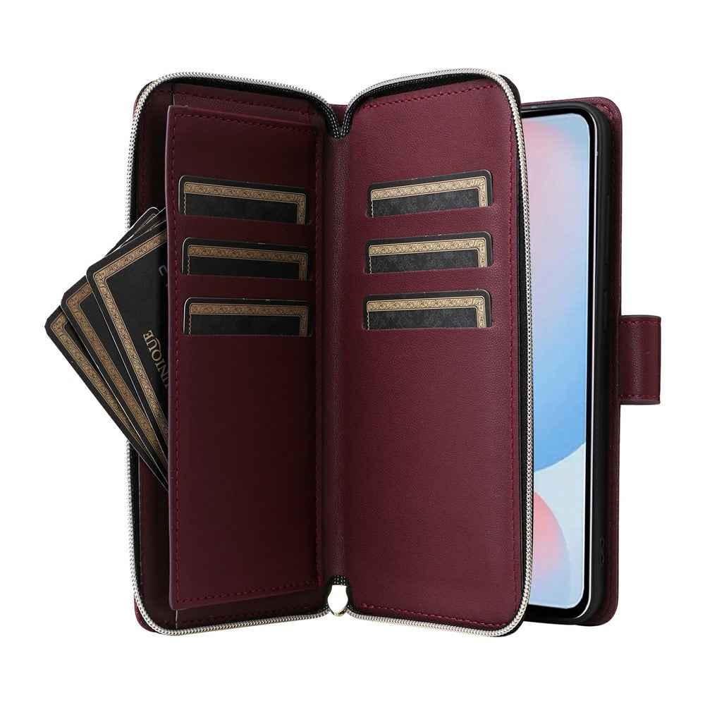 For Samsung Galaxy A57 5G Case 9 Card Slots Zipper Pocket PU Leather Phone Cover with Wrist Strap - Wine Red
