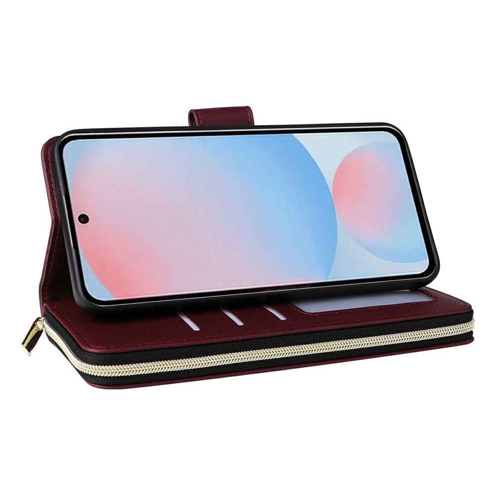 For Samsung Galaxy A57 5G Case 9 Card Slots Zipper Pocket PU Leather Phone Cover with Wrist Strap - Wine Red