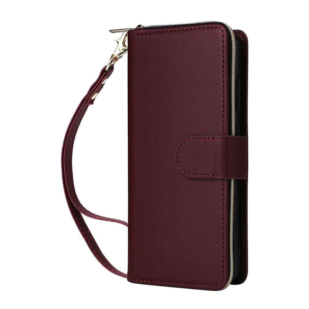 For Samsung Galaxy A57 5G Case 9 Card Slots Zipper Pocket PU Leather Phone Cover with Wrist Strap - Wine Red
