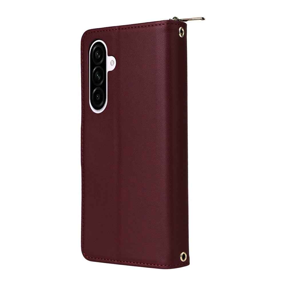 For Samsung Galaxy A57 5G Case 9 Card Slots Zipper Pocket PU Leather Phone Cover with Wrist Strap - Wine Red