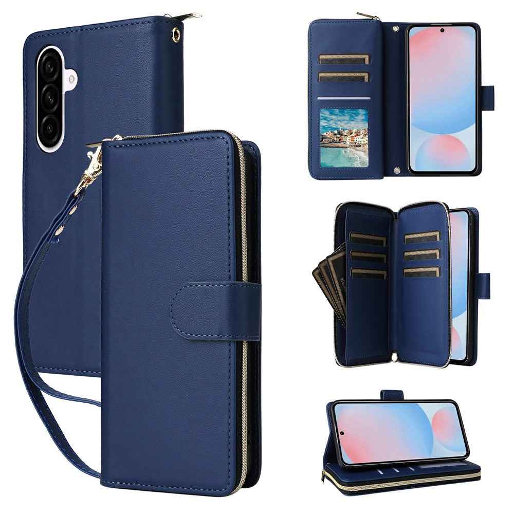 For Samsung Galaxy A57 5G Case 9 Card Slots Zipper Pocket PU Leather Phone Cover with Wrist Strap - Blue