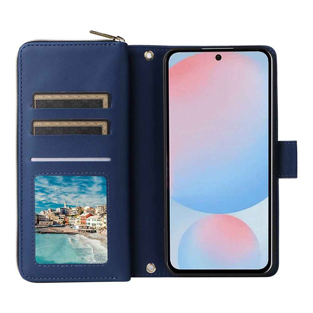 For Samsung Galaxy A57 5G Case 9 Card Slots Zipper Pocket PU Leather Phone Cover with Wrist Strap - Blue