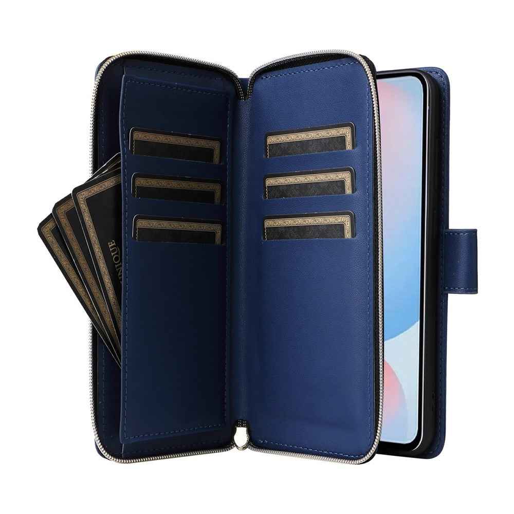 For Samsung Galaxy A57 5G Case 9 Card Slots Zipper Pocket PU Leather Phone Cover with Wrist Strap - Blue