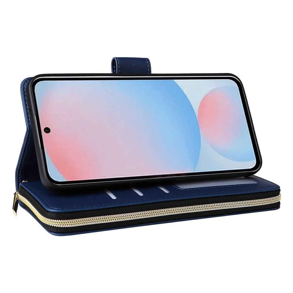 For Samsung Galaxy A57 5G Case 9 Card Slots Zipper Pocket PU Leather Phone Cover with Wrist Strap - Blue