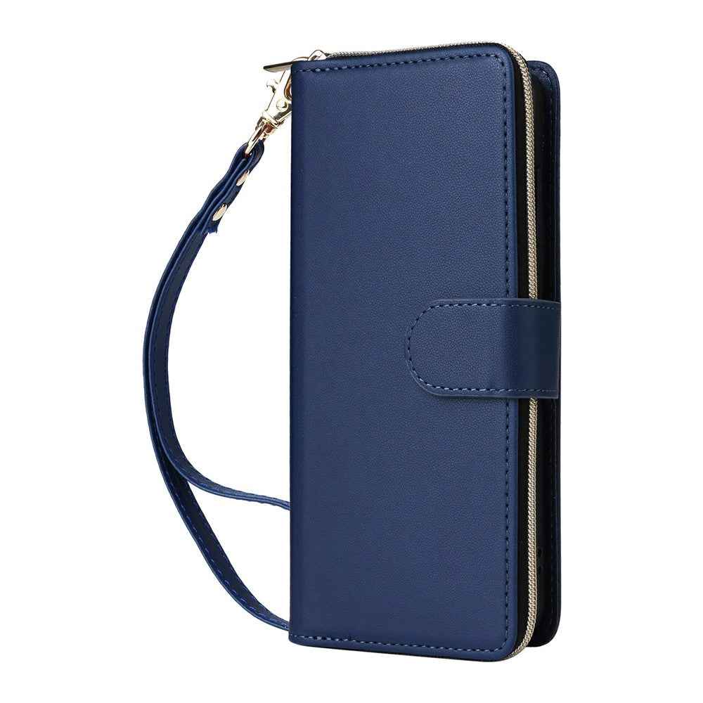 For Samsung Galaxy A57 5G Case 9 Card Slots Zipper Pocket PU Leather Phone Cover with Wrist Strap - Blue