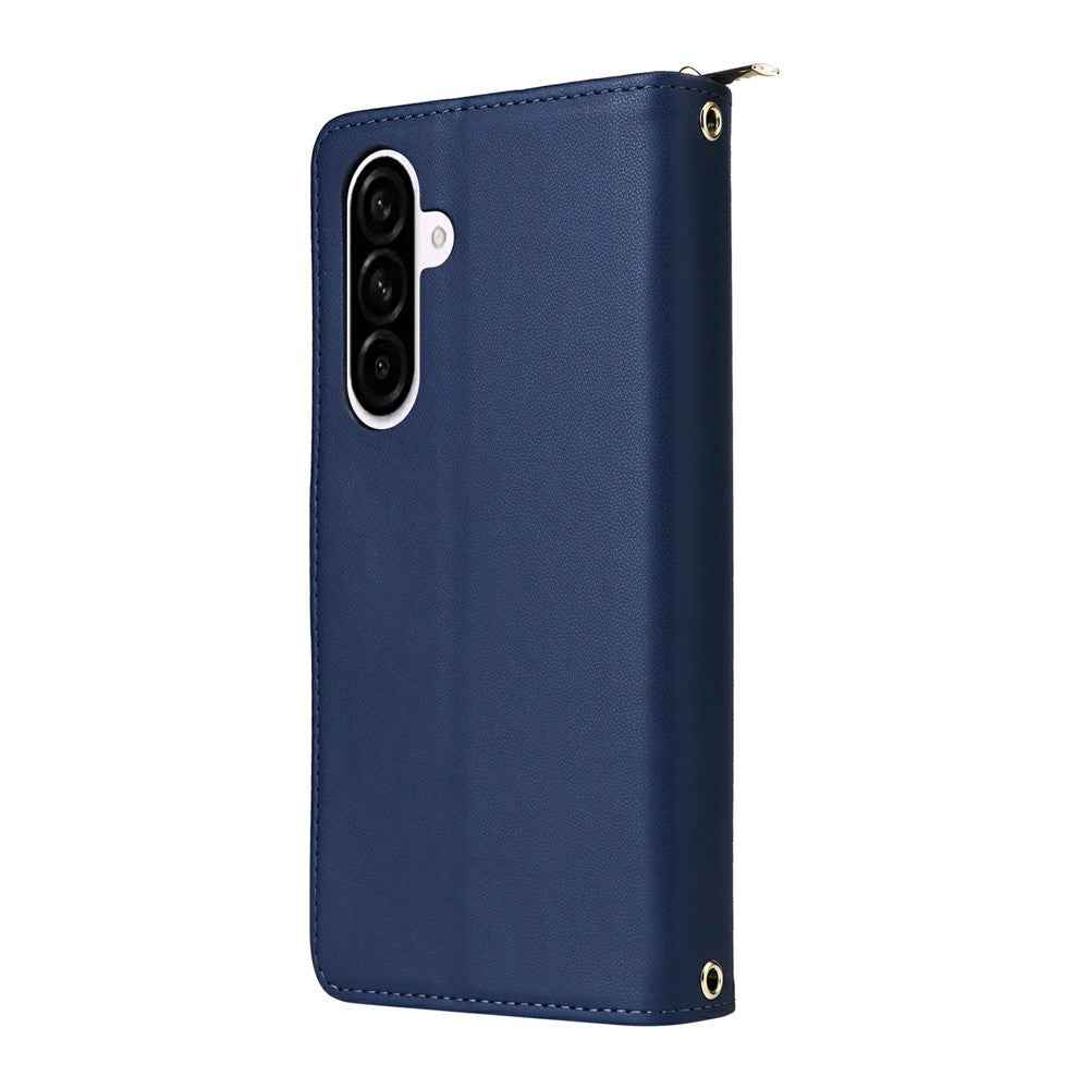 For Samsung Galaxy A57 5G Case 9 Card Slots Zipper Pocket PU Leather Phone Cover with Wrist Strap - Blue