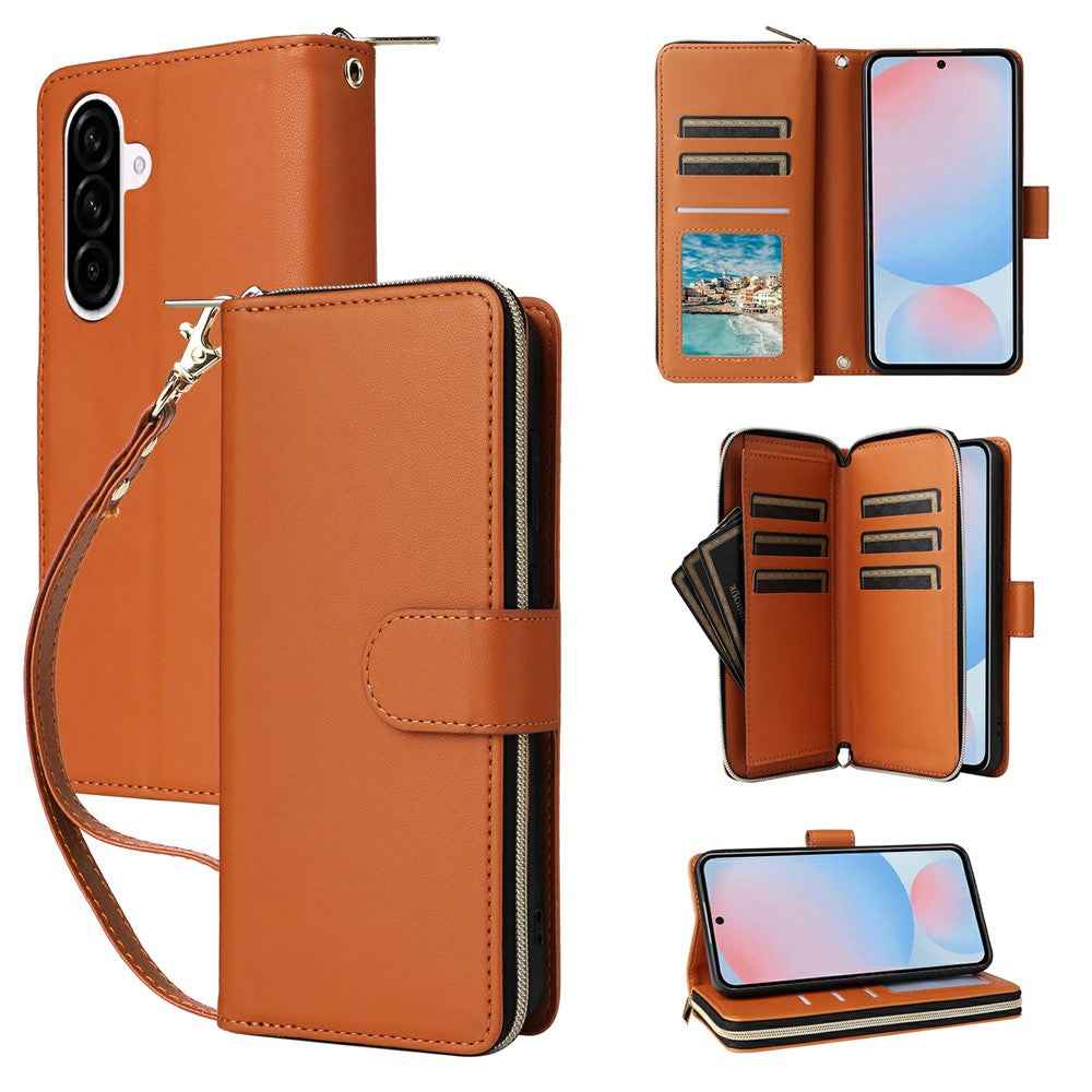 For Samsung Galaxy A57 5G Case 9 Card Slots Zipper Pocket PU Leather Phone Cover with Wrist Strap - Brown
