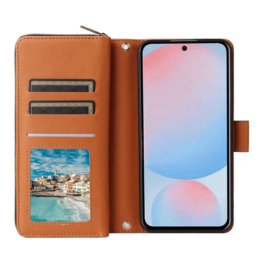 For Samsung Galaxy A57 5G Case 9 Card Slots Zipper Pocket PU Leather Phone Cover with Wrist Strap - Brown