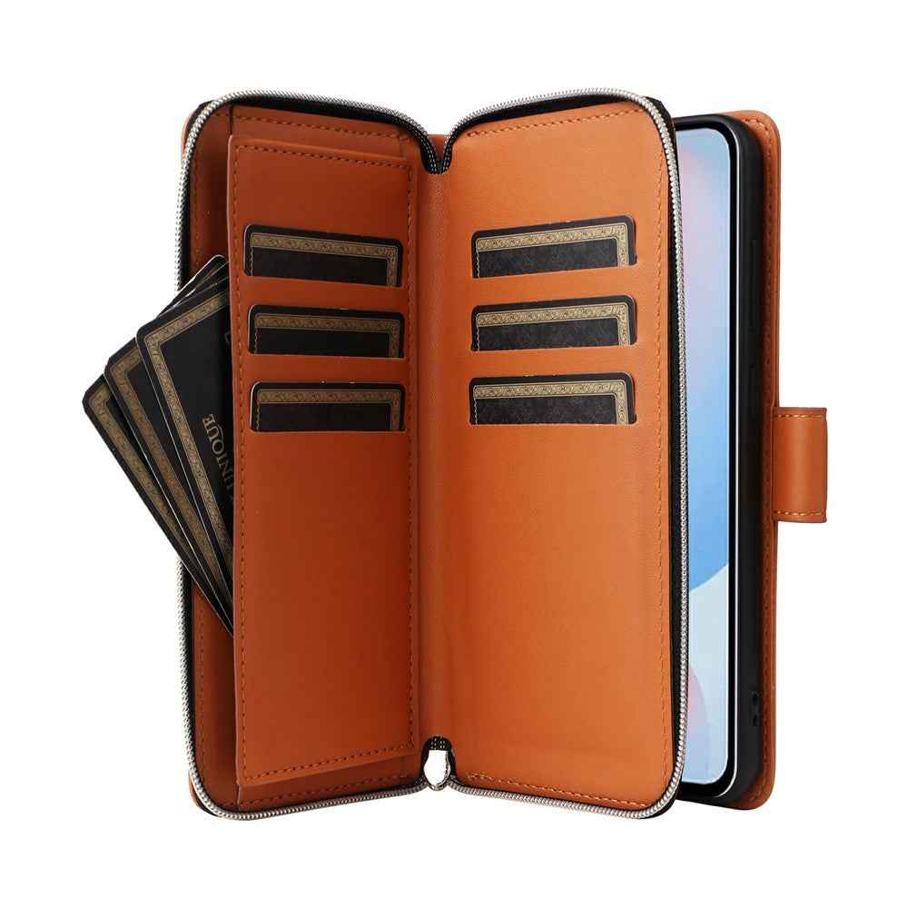 For Samsung Galaxy A57 5G Case 9 Card Slots Zipper Pocket PU Leather Phone Cover with Wrist Strap - Brown
