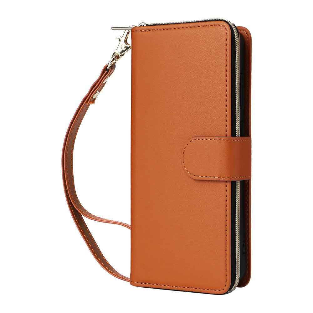 For Samsung Galaxy A57 5G Case 9 Card Slots Zipper Pocket PU Leather Phone Cover with Wrist Strap - Brown