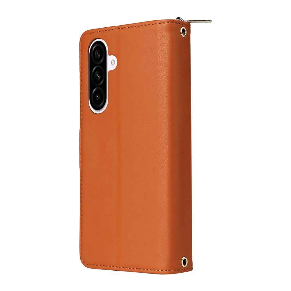 For Samsung Galaxy A57 5G Case 9 Card Slots Zipper Pocket PU Leather Phone Cover with Wrist Strap - Brown
