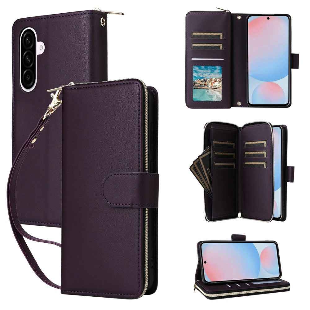 For Samsung Galaxy A57 5G Case 9 Card Slots Zipper Pocket PU Leather Phone Cover with Wrist Strap - Dark Purple