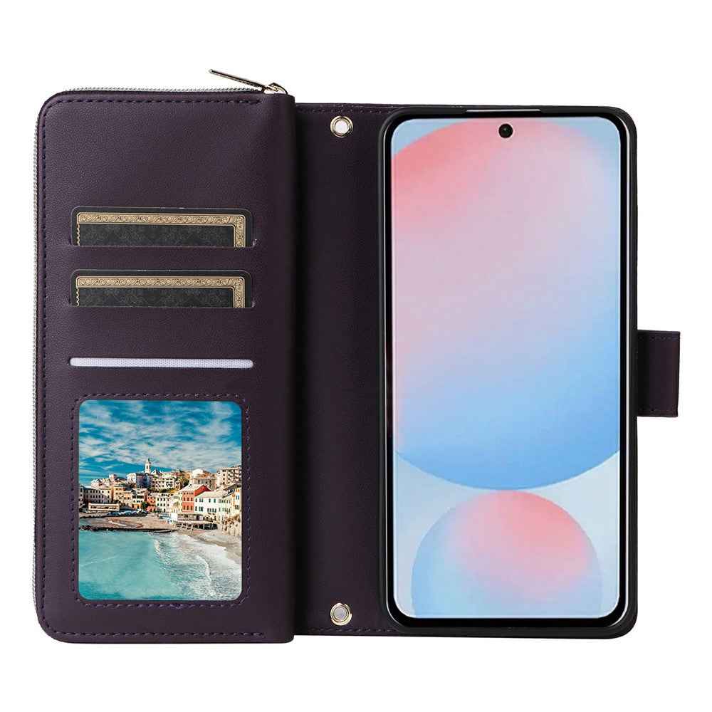 For Samsung Galaxy A57 5G Case 9 Card Slots Zipper Pocket PU Leather Phone Cover with Wrist Strap - Dark Purple