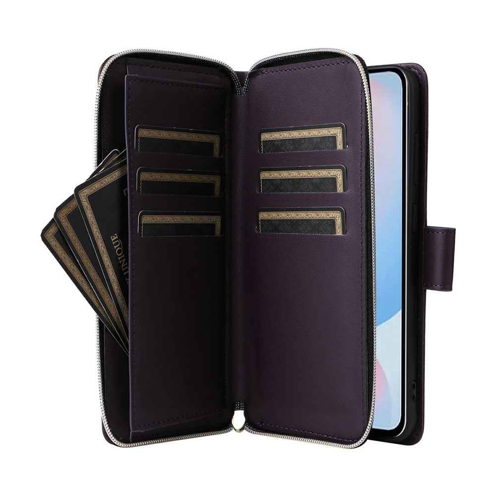 For Samsung Galaxy A57 5G Case 9 Card Slots Zipper Pocket PU Leather Phone Cover with Wrist Strap - Dark Purple