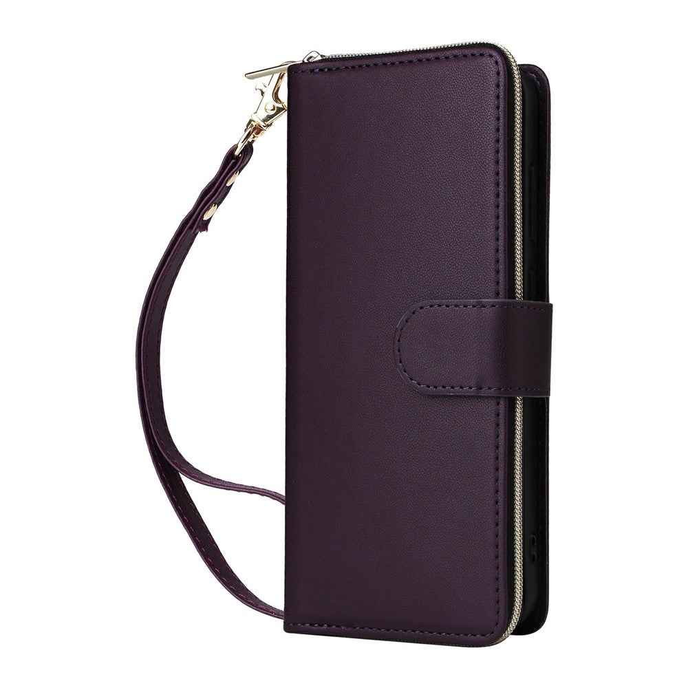 For Samsung Galaxy A57 5G Case 9 Card Slots Zipper Pocket PU Leather Phone Cover with Wrist Strap - Dark Purple