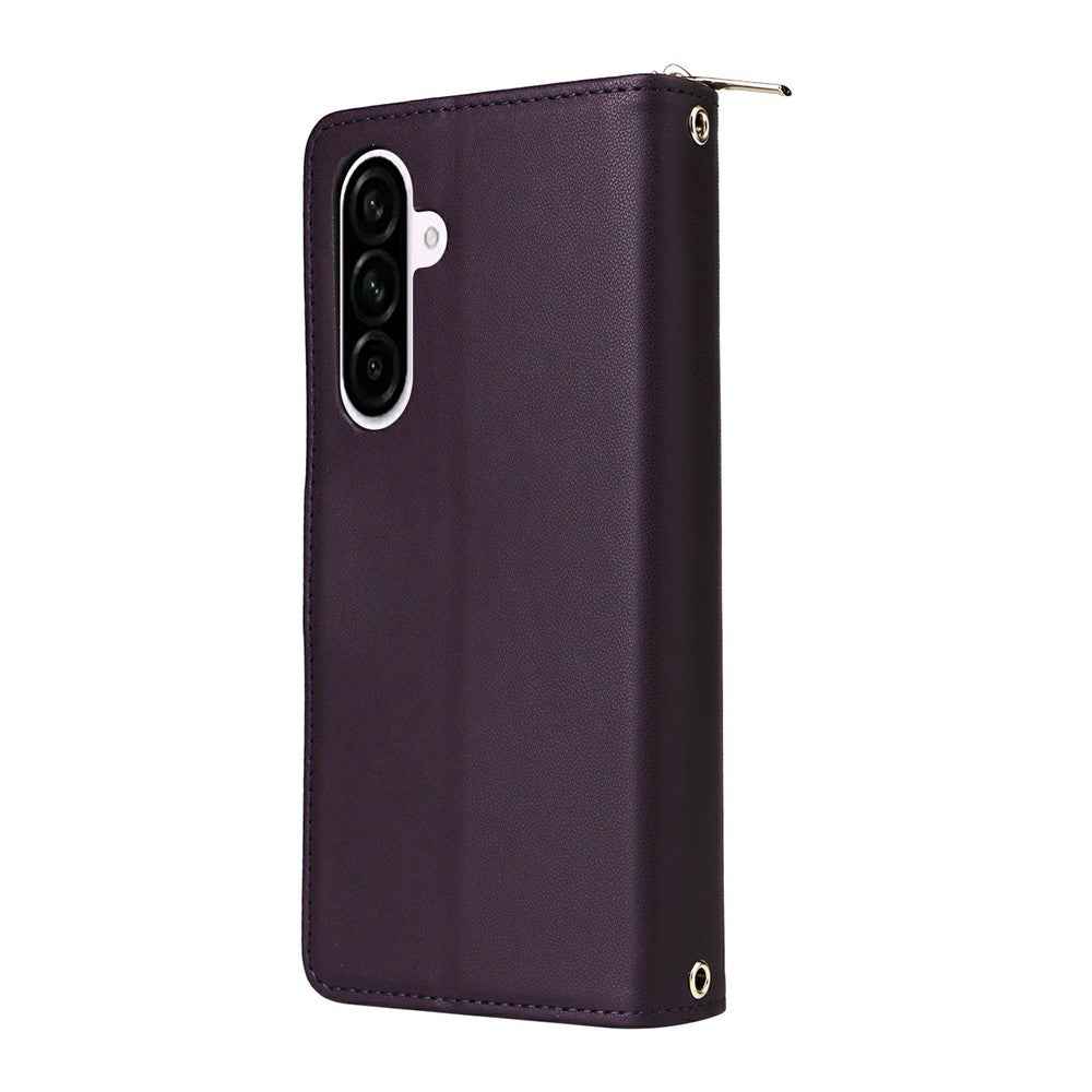 For Samsung Galaxy A57 5G Case 9 Card Slots Zipper Pocket PU Leather Phone Cover with Wrist Strap - Dark Purple