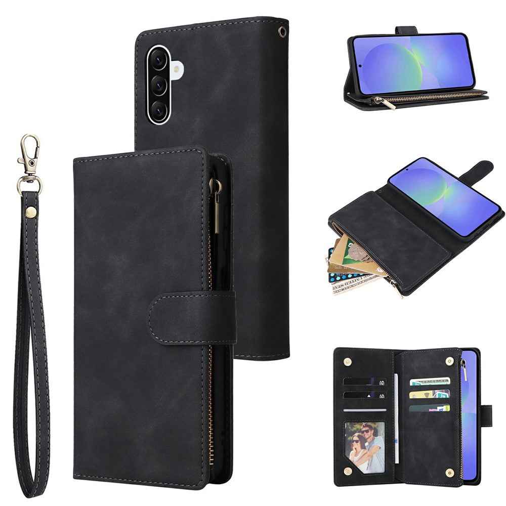 For Samsung Galaxy A57 5G Case Zipper Wallet Multiple Card Slots Leather Phone Cover with Wrist Strap - Black