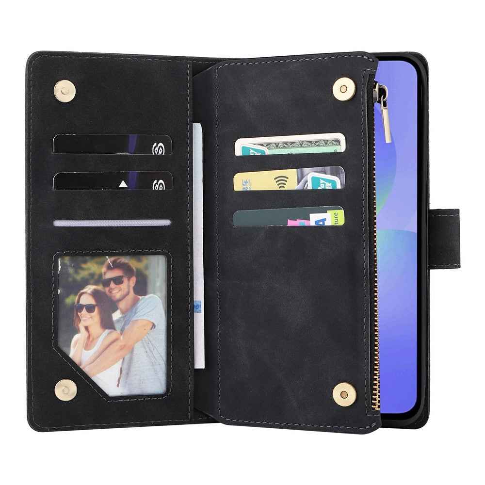 For Samsung Galaxy A57 5G Case Zipper Wallet Multiple Card Slots Leather Phone Cover with Wrist Strap - Black