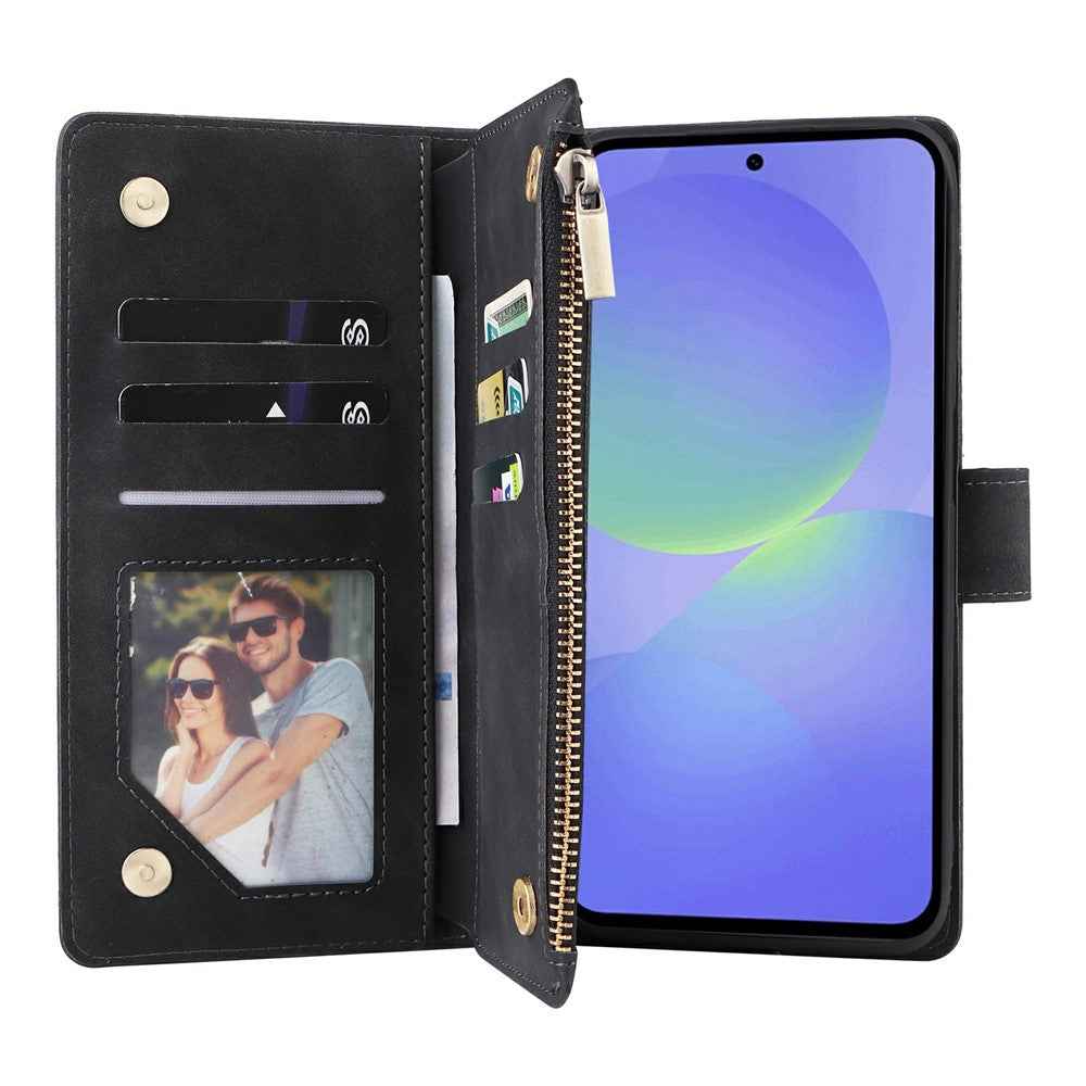 For Samsung Galaxy A57 5G Case Zipper Wallet Multiple Card Slots Leather Phone Cover with Wrist Strap - Black