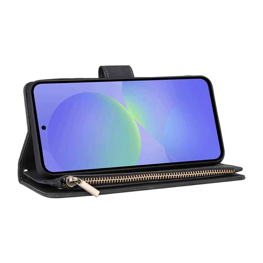 For Samsung Galaxy A57 5G Case Zipper Wallet Multiple Card Slots Leather Phone Cover with Wrist Strap - Black