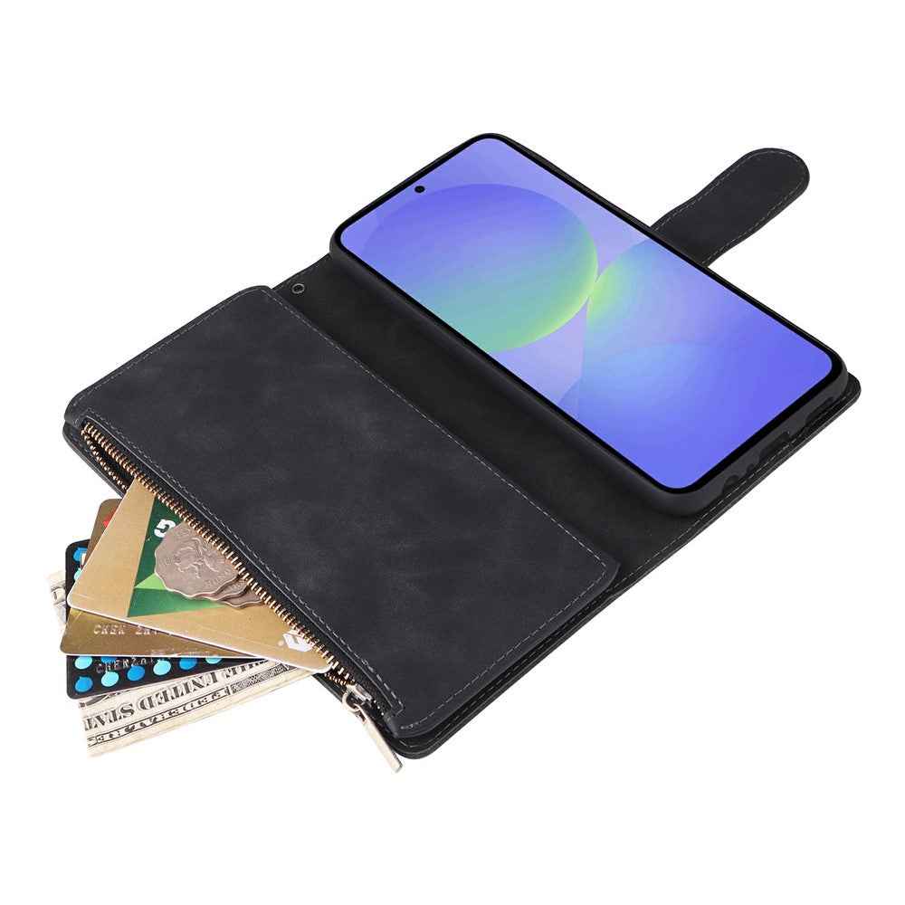 For Samsung Galaxy A57 5G Case Zipper Wallet Multiple Card Slots Leather Phone Cover with Wrist Strap - Black