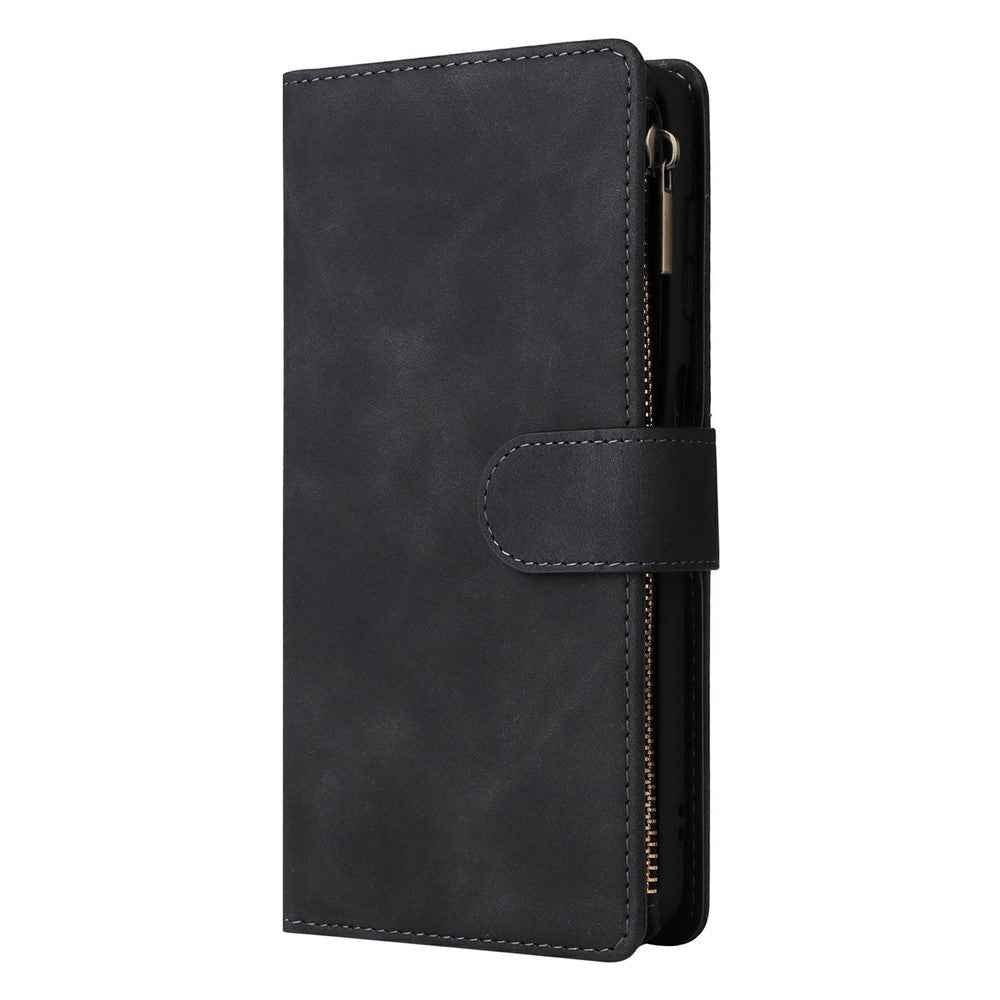 For Samsung Galaxy A57 5G Case Zipper Wallet Multiple Card Slots Leather Phone Cover with Wrist Strap - Black