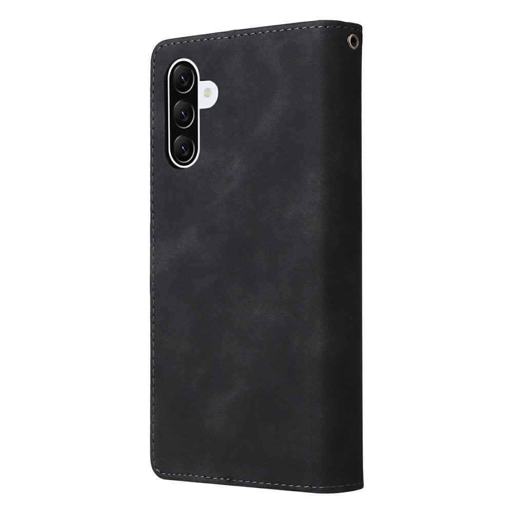 For Samsung Galaxy A57 5G Case Zipper Wallet Multiple Card Slots Leather Phone Cover with Wrist Strap - Black