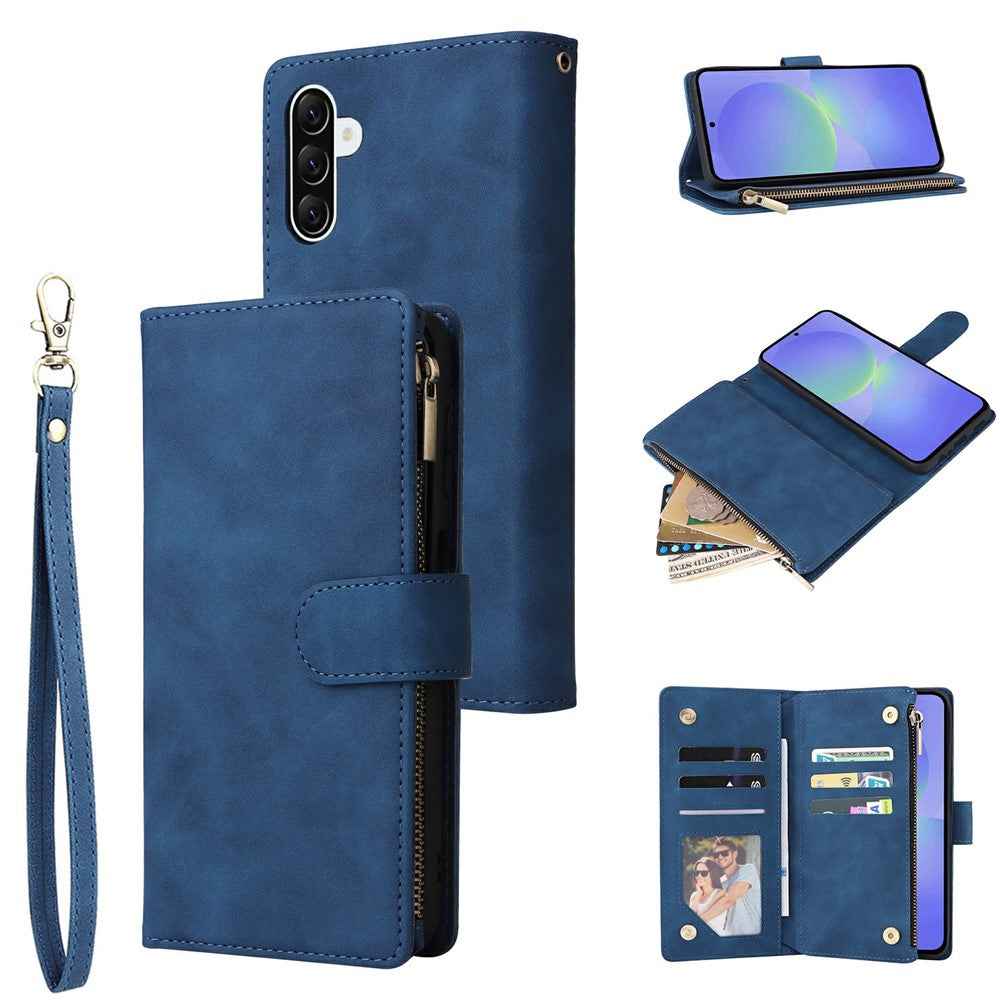 For Samsung Galaxy A57 5G Case Zipper Wallet Multiple Card Slots Leather Phone Cover with Wrist Strap - Blue