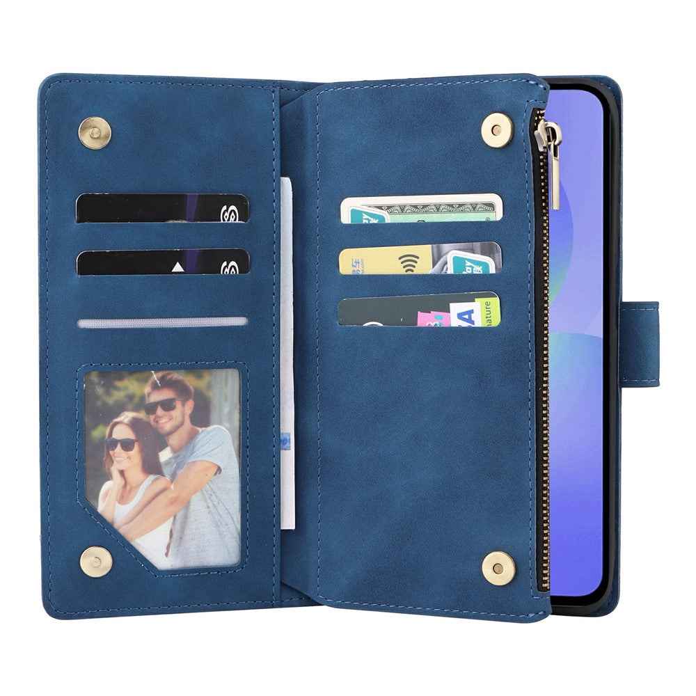 For Samsung Galaxy A57 5G Case Zipper Wallet Multiple Card Slots Leather Phone Cover with Wrist Strap - Blue