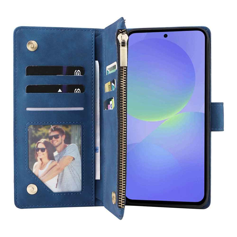 For Samsung Galaxy A57 5G Case Zipper Wallet Multiple Card Slots Leather Phone Cover with Wrist Strap - Blue