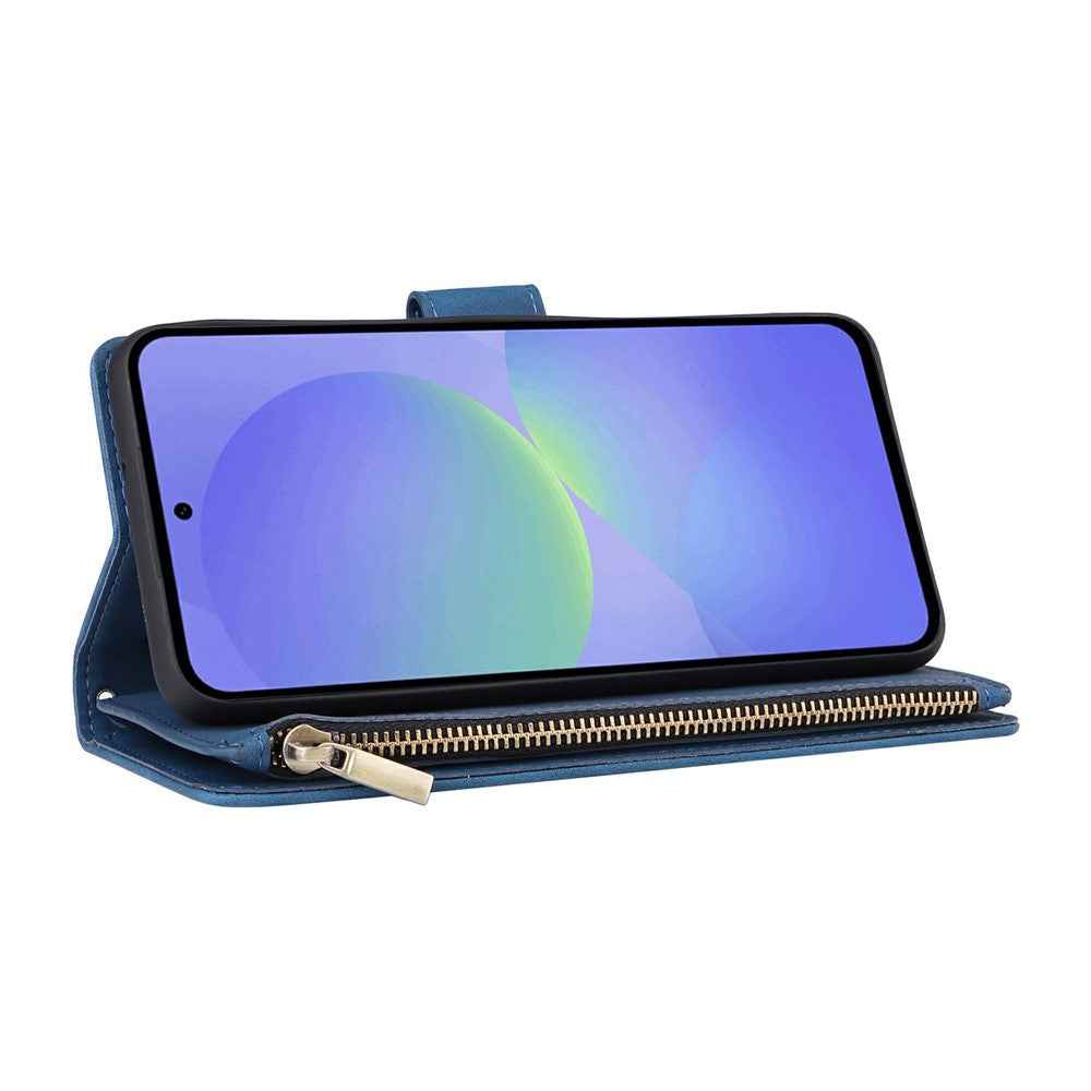For Samsung Galaxy A57 5G Case Zipper Wallet Multiple Card Slots Leather Phone Cover with Wrist Strap - Blue