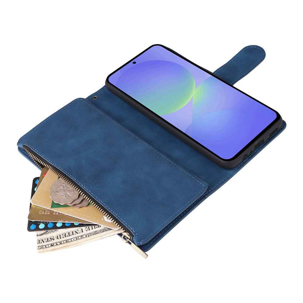 For Samsung Galaxy A57 5G Case Zipper Wallet Multiple Card Slots Leather Phone Cover with Wrist Strap - Blue