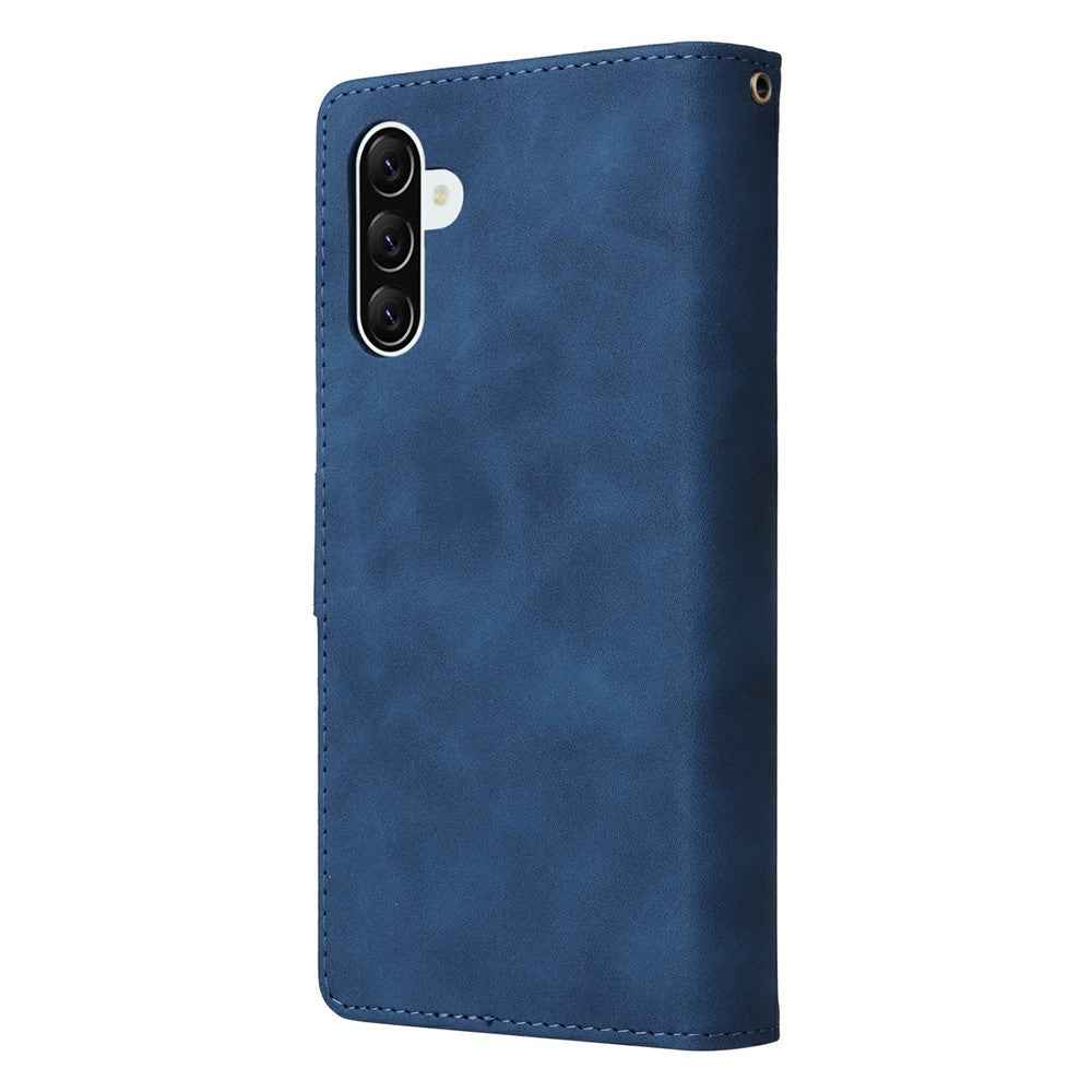 For Samsung Galaxy A57 5G Case Zipper Wallet Multiple Card Slots Leather Phone Cover with Wrist Strap - Blue