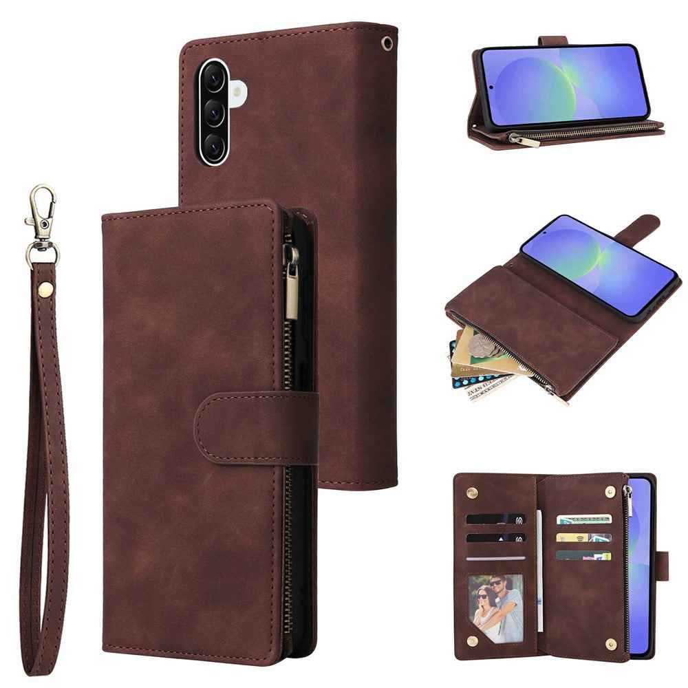 For Samsung Galaxy A57 5G Case Zipper Wallet Multiple Card Slots Leather Phone Cover with Wrist Strap - Coffee