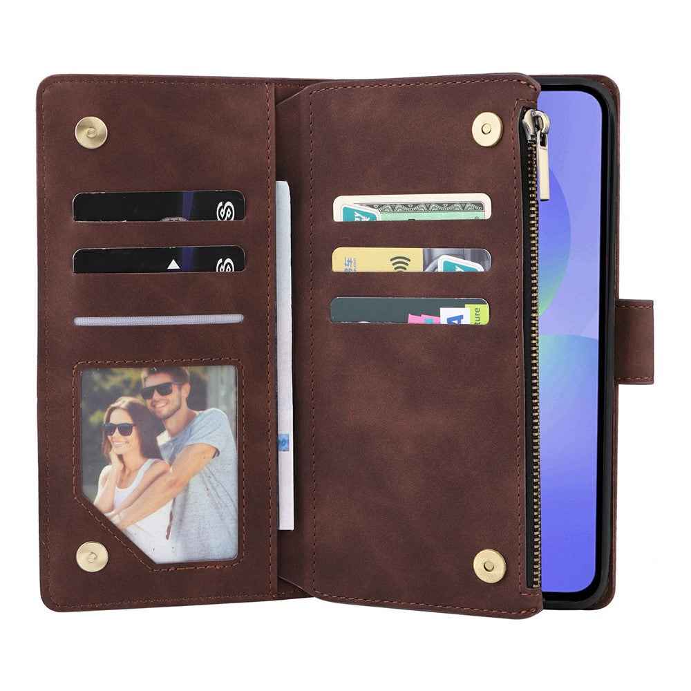 For Samsung Galaxy A57 5G Case Zipper Wallet Multiple Card Slots Leather Phone Cover with Wrist Strap - Coffee