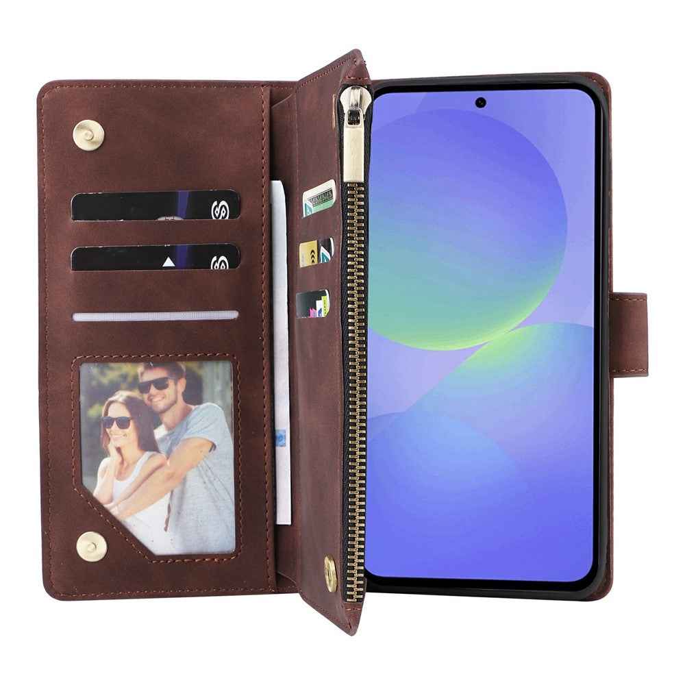 For Samsung Galaxy A57 5G Case Zipper Wallet Multiple Card Slots Leather Phone Cover with Wrist Strap - Coffee