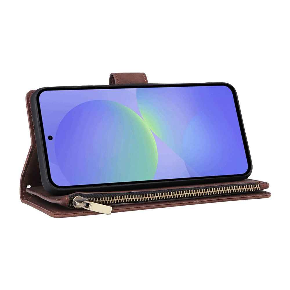 For Samsung Galaxy A57 5G Case Zipper Wallet Multiple Card Slots Leather Phone Cover with Wrist Strap - Coffee