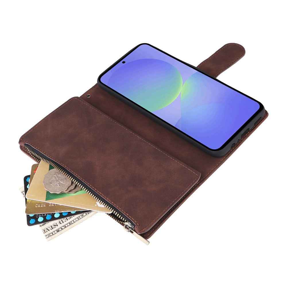 For Samsung Galaxy A57 5G Case Zipper Wallet Multiple Card Slots Leather Phone Cover with Wrist Strap - Coffee