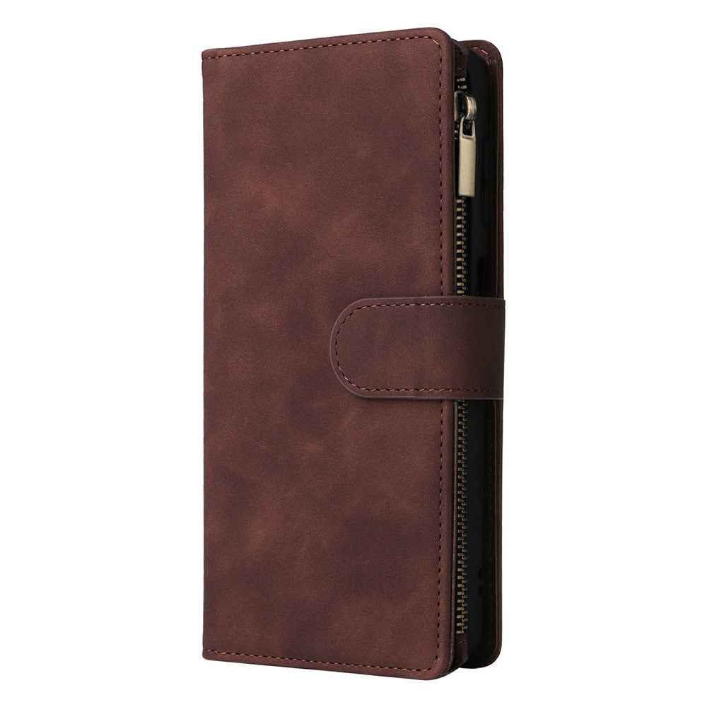 For Samsung Galaxy A57 5G Case Zipper Wallet Multiple Card Slots Leather Phone Cover with Wrist Strap - Coffee