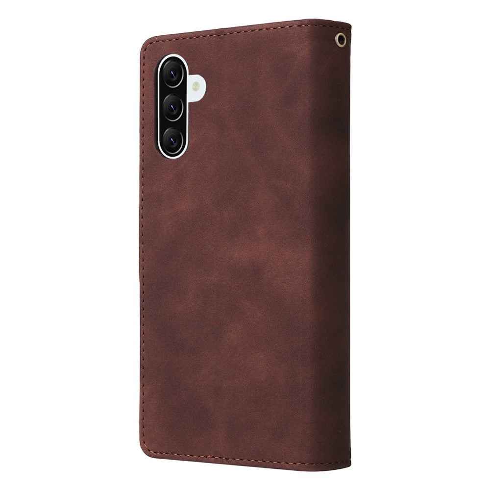 For Samsung Galaxy A57 5G Case Zipper Wallet Multiple Card Slots Leather Phone Cover with Wrist Strap - Coffee