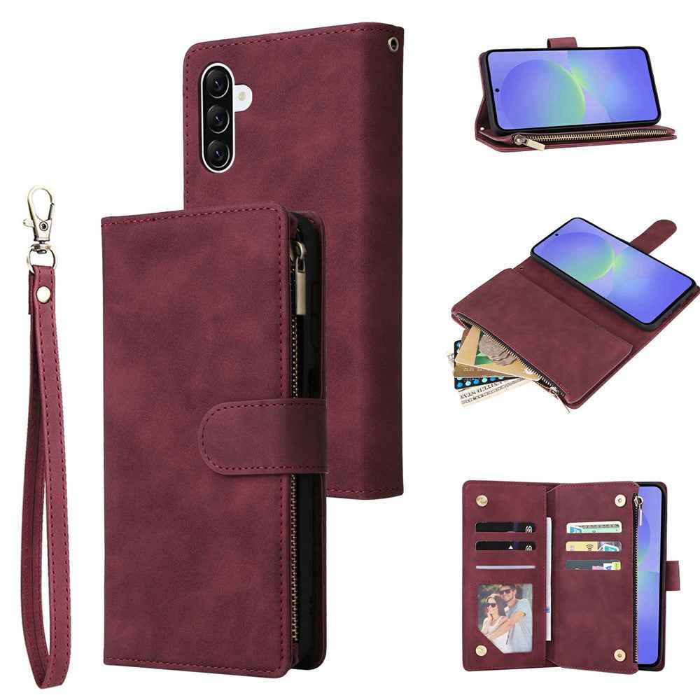 For Samsung Galaxy A57 5G Case Zipper Wallet Multiple Card Slots Leather Phone Cover with Wrist Strap - Wine Red