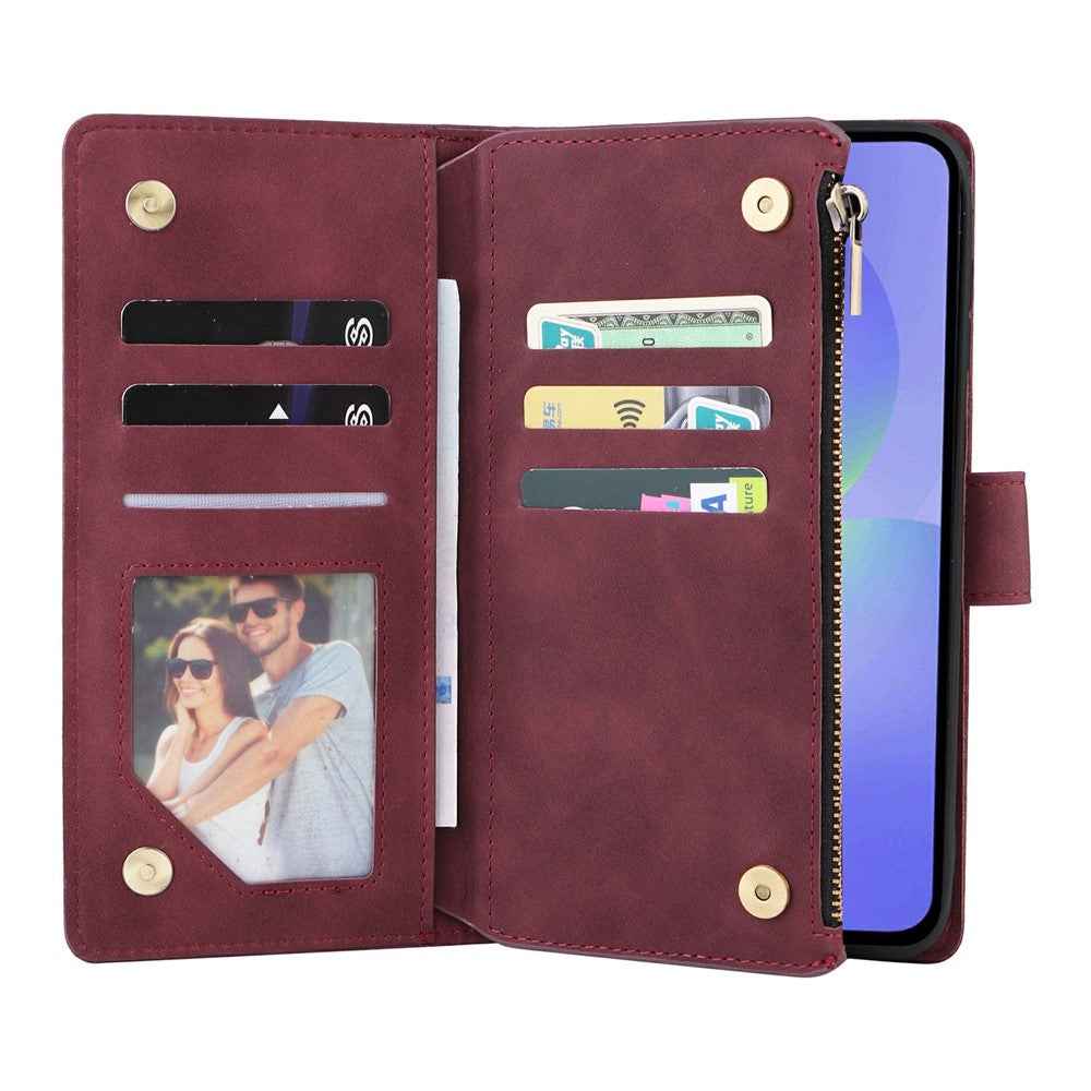 For Samsung Galaxy A57 5G Case Zipper Wallet Multiple Card Slots Leather Phone Cover with Wrist Strap - Wine Red