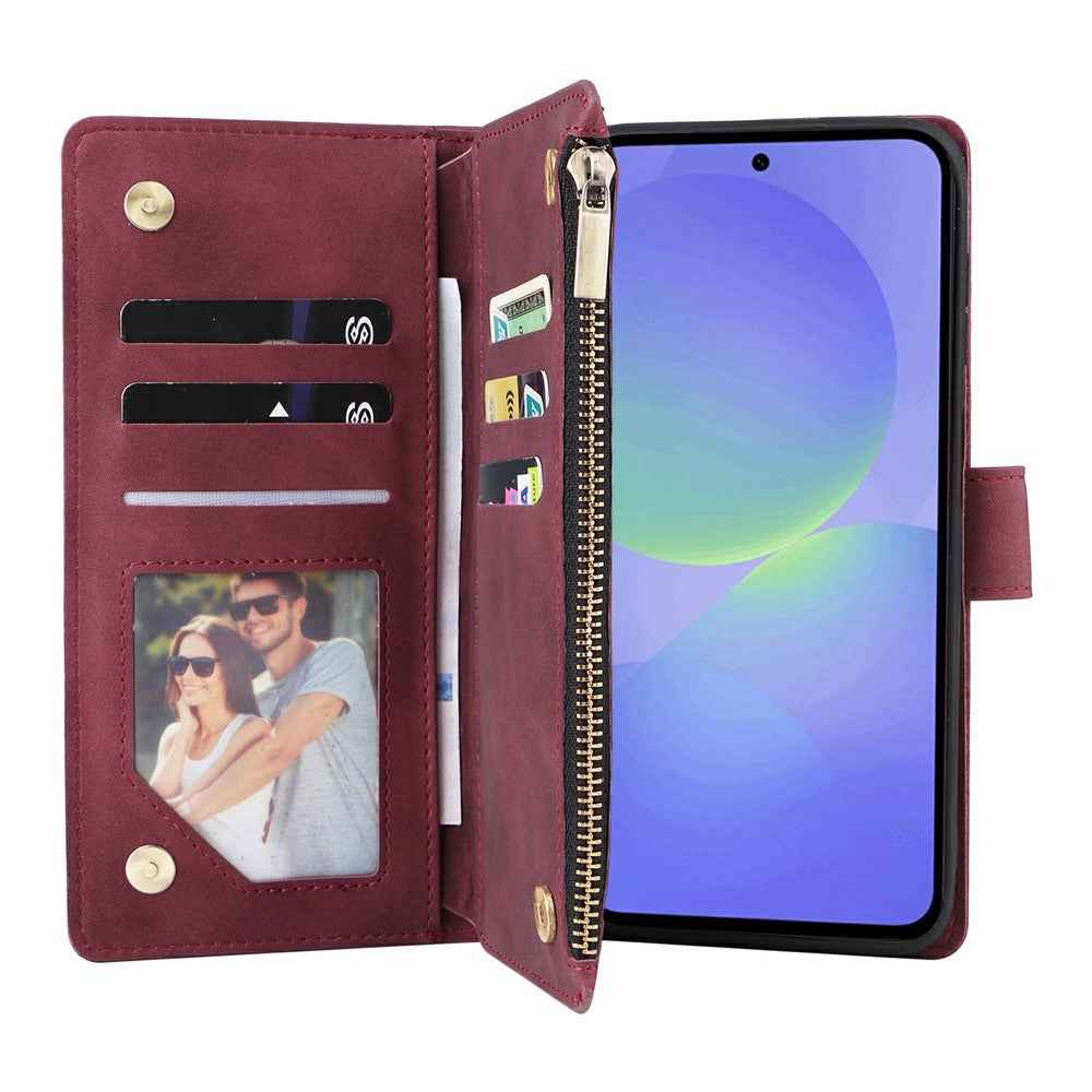 For Samsung Galaxy A57 5G Case Zipper Wallet Multiple Card Slots Leather Phone Cover with Wrist Strap - Wine Red