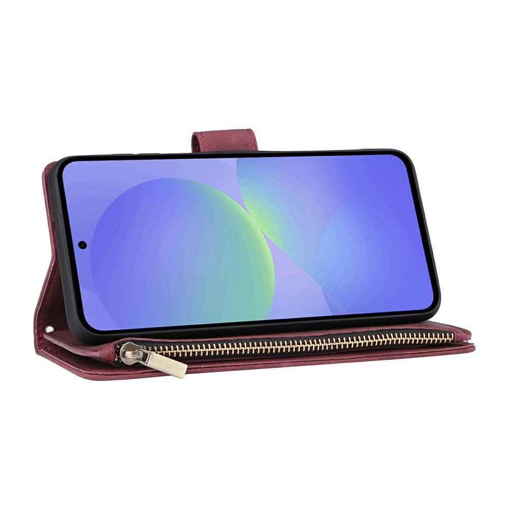 For Samsung Galaxy A57 5G Case Zipper Wallet Multiple Card Slots Leather Phone Cover with Wrist Strap - Wine Red